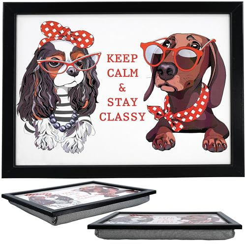 MTS Wooden Lap Tray with Bean Bag Cushion, Keep Calm Dog Design - Large Padded Laptop Desk for Eating, Work, Art & TV - Comfortable Knee Table Gift for Adults & Kids