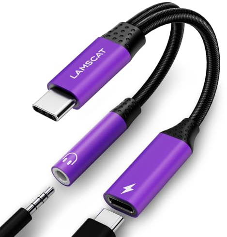 LAMSCAT USB C Kopfhörer Adapter und Laden, 2 in 1 Typ C auf 3.5mm Klinke Adapter Unterstützt PD 60W Schnellladung für Samsung Google, Huawei und mehr (Lila)