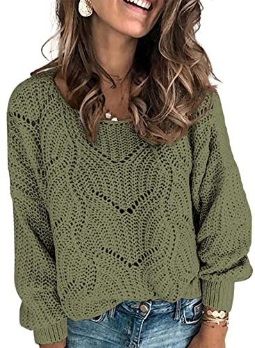 Dokotoo Womens Sweaters Ladies Cute Tops Soft Thick Crewneck Solid Hollow Out Chunky Autumn Winter Fall Outifits Cozy Long Sleeve Cable Knit Pullovers Sweaters Trendy Clothes Green S