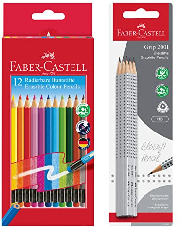 Faber-Castell 205029 - School Set mit 6 Bleistifte Grip 2001, Härtegrad HB und Buntstifte im 12er Kartonetui | Schreibset mit 6 Grip 2001 Bleistiften und 12 Buntstiften für Kinder und Erwachsene