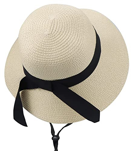 CaySep Girls Straw Sun Hat Floppy Wide Brim Beach Sun Hats with Bow for Travel for 5-9 Years Old