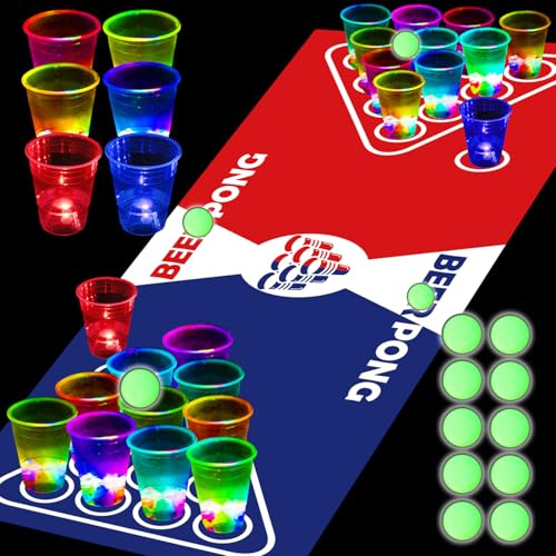 YHFUISK Glowing Pong Table Mat Set Party Beverage Pong Game for Indoor Outdoor Party Event Fun, Pack with Flashing Cups Glow Pongs for Parties Birthdays Concerts Weddings, 71 x 23inch..