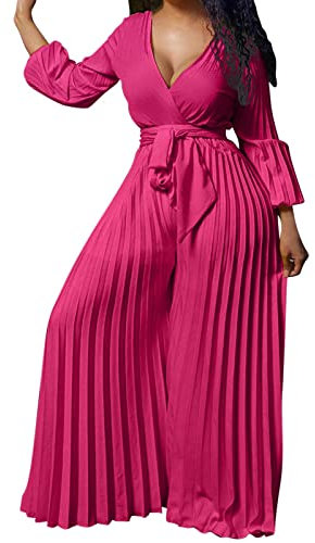 Damen Overall mit tiefem V-Ausschnitt, Langen Ärmeln und weitem Bein Jumpsuit Elegant
