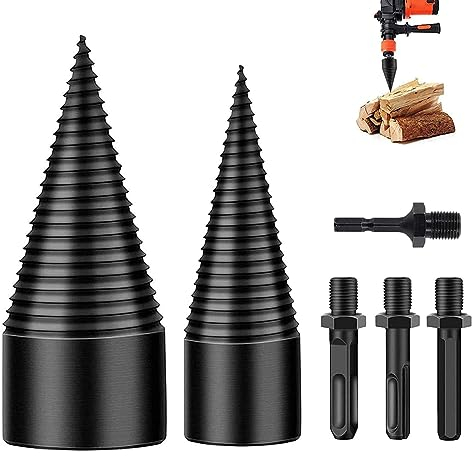 Log Wood Splitter Drill 45mm + 32mm with 4pcs Handles/Shanks, 6Pcs Splitting Wood Cone Drill Bit Set Screw Cones Splitter Wedge Cut Tool Firewood Heavy Duty Drill Bits Electric Hand Drill