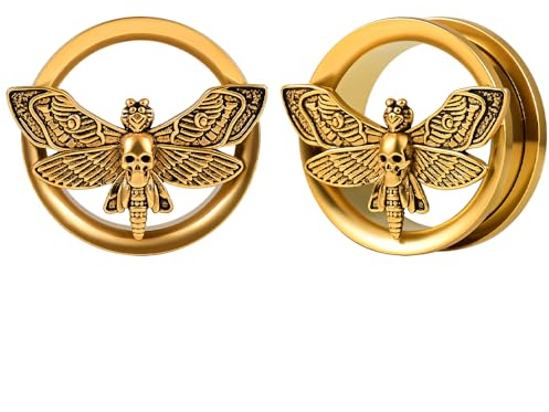 Vankula Ohr Flesh Tunnel Double Flared Plug mit Schraubverschluss Motten Edelstahl für Gestreckte Expander Ohrpiercing 10mm(00G) Gold