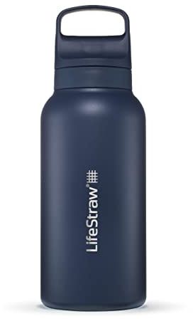 LifeStraw Go Series — Insulated Stainless Steel Water Filter Bottle for Travel and Everyday Use Removes Bacteria, Parasites and Microplastics, Improves Taste, 1L Aegan Sea