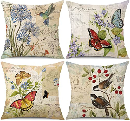 wyooxoo Farmhouse Pillow Covers 18x18 Set of 4 Spring Summer Throw Pillow Covers Linen Flower Butterfly Bird Decorative Pillowcases for Sofa Couch Living Room Outdoor