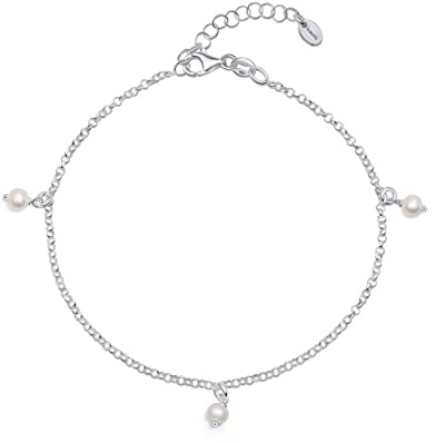 Amberta Damen Fusskette aus 925 Sterling Silber mit Perle: 4-5 mm Fusskette mit Perlen Anhänger 25 cm