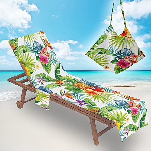 Surwin Frucht Schonbezug Für Gartenliege Strandliegenauflage Frottee Liegenauflage Stuhl Strandtuch Sun Lounger Bezug mit Tasche Sporthandtuch für Sommer Schwimmen Garten (75x210cm,Monstera)