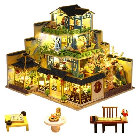 Miniatyr kinesisk stil trevånings villa dockhus, trämöbler, gör-det-själv dockhus kit med LED kreativt rum, vuxen tonåring barn gåva