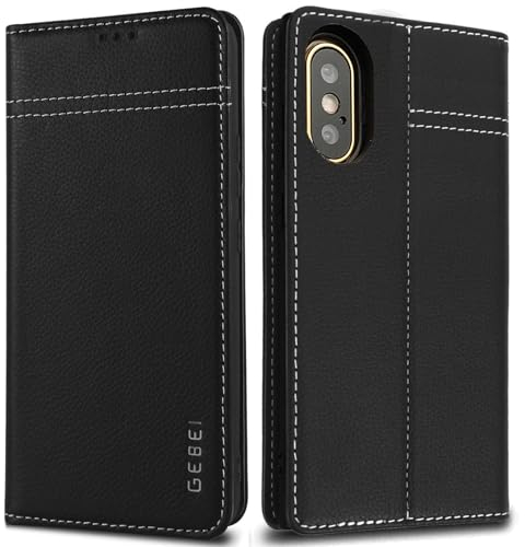 Gebei Hülle Echt Leder für iPhone X, iPhone XS - Premium Lederhülle Klapphülle mit Standfunktion und Kartenfächer Flip Case Ledertasche für iPhone X, XS - 5,8 Zoll (Schwarz)