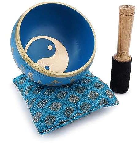 Ajuny Klangschale Set Tibetisch Blau Messing Handgefertigt mit Kissen und Klöppel, Tai Chi Yin Yang Design für Meditation Yoga Chakra Heilung Achtsamkeit Stressabbau Geschenk - 4 Zoll / 10 cm