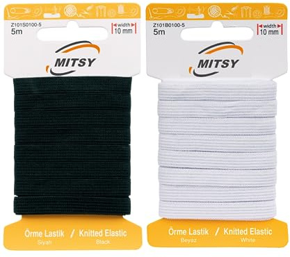 MITSY Cinta elástica resistente para coser, ancha, 10 mm, 10 m, color negro y blanco, para pantalones de goma para el hogar, manualidades, tela para costura (5 m, negro y 5 metros blanco)