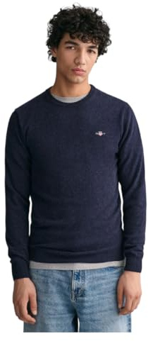 GANT Herr lammull rund hals jumper – 87211 – mörk marinblå melange, Mörk marinblå melange, XXL