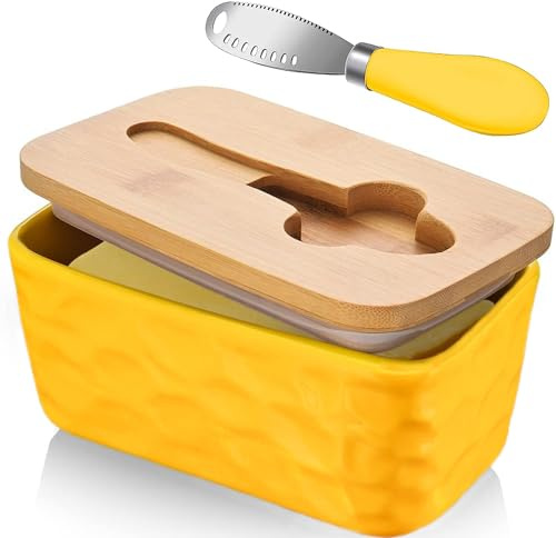 Butterdose mit Deckel Buttermesser Butterdose Keramik Butterdose Glas Butterdose Porzellan Butterschale mit Deckel Butterglocke für 250g Butter (Gelb)