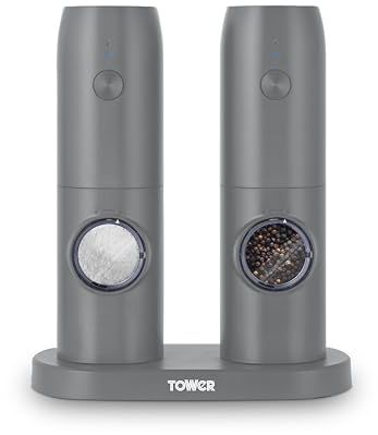 Tower T832243GRY Electric Salt & Pepper Mills. Rechargeable with Adjustable Ceramic Grinders, Stainless Steel, Grey