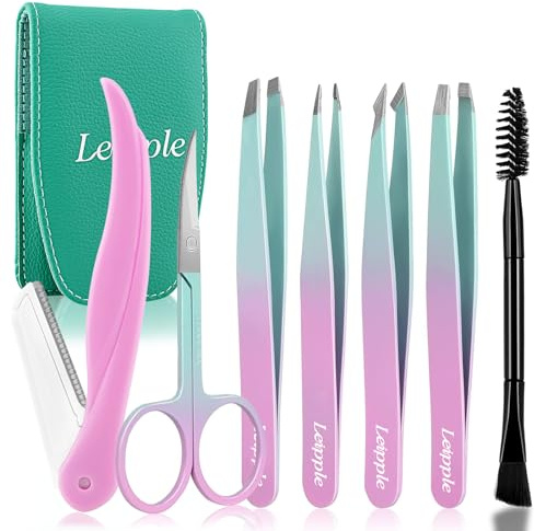 Tweezers Set 7Pcs for Facial Hair Women - Precision Tweezers Set with Travel Case - Stainless Steel Tweezers for Eyebrows with Scissors, Razor, Mirror for Ingrown Hair (Pink/Blue)