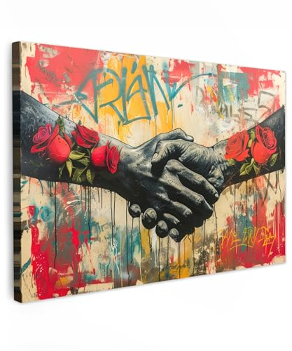 MuchoWow© Impression sur Toile Decoration Murale Peinture 120x80 cm Tableaux Decoratifs Muraux Décoration Chambre Graffiti - Roses - Mains - Street art - Banksy