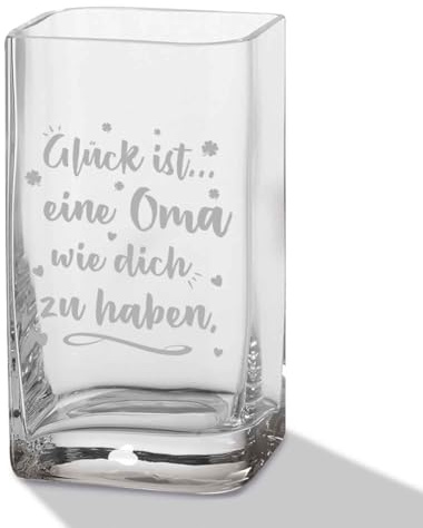 GRAVURZEILE Blumenvase mit Gravur - Glück ist eine Oma - Moderne Vase aus Glas für Blumen - Geschenke für Frauen - Deko fürs Wohnzimmer und Schlafzimmer - Geschenkidee zum Geburtstag - 20x11cm