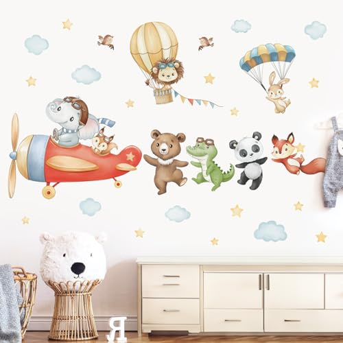 wondever Wandtattoo Flugzeuge Tiere Wandsticker Heißluftballon Elefant Löwe | Abziehen und Aufkleben, Abziehbar, Wandaufkleber Selbstklebend für Kinderzimmer Babyzimmer Schlafzimmer Wanddeko