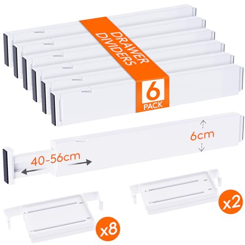 Lifewit 6 er-Set Verstellbar Schubladentrenner 6 cm hoch und 40,6-56 cm länge, Schubladen Organizer, Schubladenteiler aus Kunststoff mit 10 Einsätzen für Kleidung, Make-up, Schminktisch, Küche