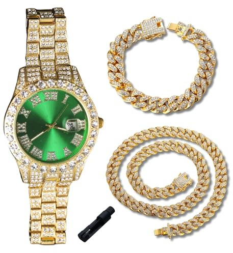 Genkigold Diamantklocka för tonårspojkar - rund urtavla 42 mm romerska siffror i 3 färger - guldpläterad 18K/platina-armband 20 cm - justeringsverktyg ingår, kan kombineras med kubansk kedja