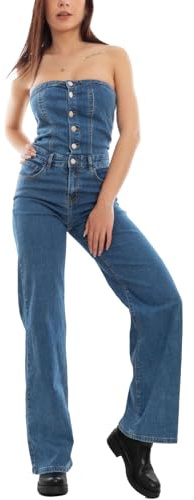 Toocool Salopette jeans donna overall jumpsuit bandeau pantaloni denim F7371 [XS,blu]