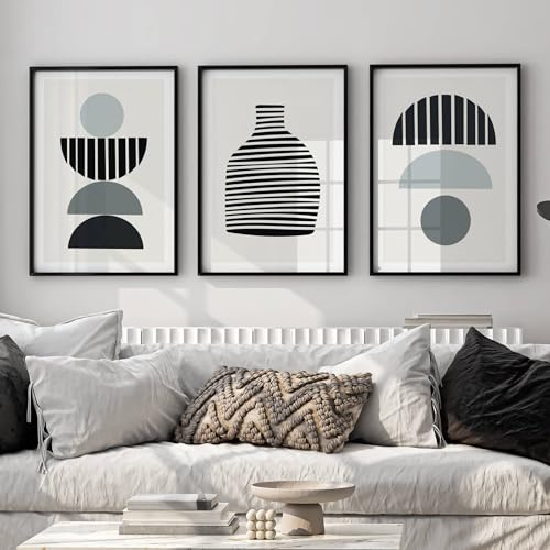 FAVELOT Abstrakte Bilder Set A4 mit schwarzen Rahmen, Poster Aesthetic, Poster Set, Wandbilder Wohnzimmer - Boho Bilder schwarz weiß beige, 3x Din A4