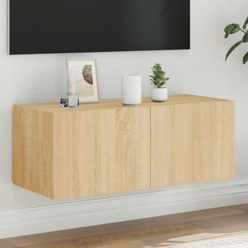 THOYTOUI TV-Wandschrank, Multimedia Schrank Dekorativer Schrank TV Schrank Vitrinenschrank Geeignet für Hotel Schlafzimmer Wohnbereich Büro mit LED-Leuchten Sonoma-Eiche 80x35x31 cm
