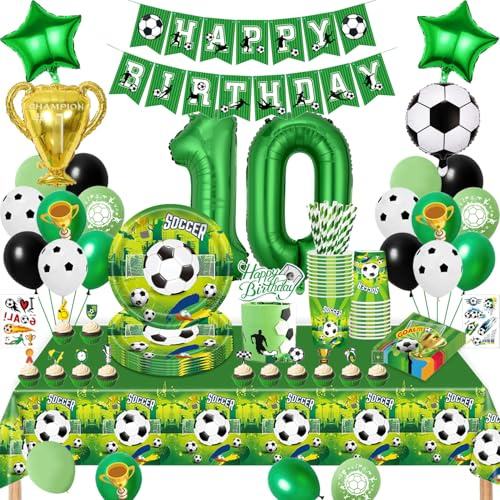 TERLUNNSI Décoration Anniversaire Football 10 Ans, Kit Anniversaire Garçon Football, Ballon, Assiette Nappe pour 10 Ans Garçon 16 Invités