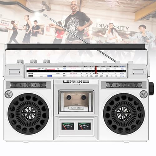 Lecteur de cassettes CD rétro Boombox, style des années 80, boombox à cassette portable, prise en charge de l'entrée SD/USB, avec radio AM/FM, pour les réunions de famille et les voyages,Silver