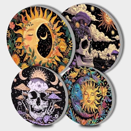 Tucocoo Sun Moon Totenkopf-Brennabdeckungen für Elektroherd, Restaurant, Dekoration, Cartoon, runde Brenner, Gasherd, Brennerabdeckungen, Metall-Brennerabdeckung, 4 Stück, Küchendekoration