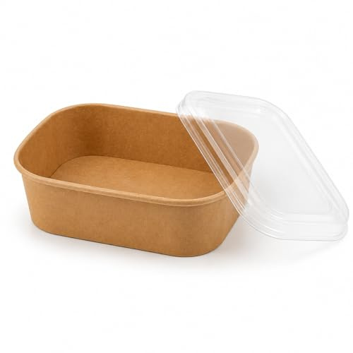 Arredo Chef – Lot de 50 Barquettes Kraft Alimentaires Rectangulaires 580 ml avec Couvercles en PET – Boîtes Repas Carton Épais 320g Anti-Graisse pour Vente à Emporter, Salades, Poké, Traiteur