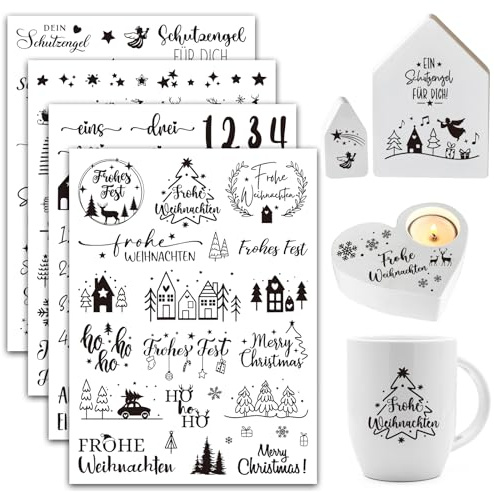 BOOMTOP 4 Rub On Sticker Weihnachten Aufkleber Advent Zahlen Sticker 1-4 Selbstklebend Rub On Folie Sprüche Schutzengel Frohe Weihnachten Rub Ons Transferaufkleber für Glas Holz Möbel Keramik