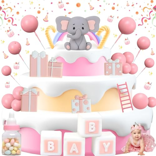 Liekadijiae 20 Piezas Decoración de Pastel de Ducha de Bebé, Baby Shower Rosa Decoración para Tartas, Decoración de Pastel de Elefante, Elefante Pastel Accesorios Decoración para Tartas Bebé Bautizo