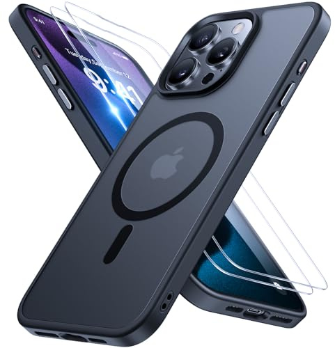 Miracase für iPhone 15 Pro Hülle mit Magsafe & 9H+ Panzerglas, Schwarz | [TOP Militärschutz & Magnetkraft] Stoßfest Kratzfest mit Samtiger Haptik Langlebig Handyhülle für iPhone 15 Pro 6,1