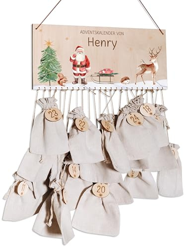 Bärenfreunde® - Personalisierter Adventskalender zum selber befüllen - mit kinderfreundlichem Druck auf Holz - mit Juteschnur Jutesäckchen und Holzzahlen (Weihnachtsmann im Wald)