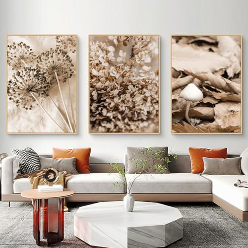 Fiwzzdur 3er Premium Poster Set, Moderne Beige Poster Wandkunst Bilder Tannenzapfen Löwenzahn Blätter, Wandbilder Wanddeko für Wohnzimmer Schlafzimmer, Ohne Rahmen (ABC,21x30cm)