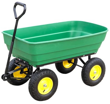 Robuster Gartenwagen mit 4 Rädern und Luftreifen, großer grüner Mehrzweckwagen für Outdoor-Aufgaben