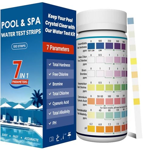 Ujaxjaxi 7-in-1 Pool Teststreifen Schnell Genauer Pool Wassertester Teststreifen für pH und Chlor, Härte, Cyanursäure, Brom, Gesamtalkalität, für Poolzubehör für Schwimmbäder,SPA, Whirlpool 100 Stück