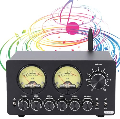 Digital 5 Band Equalizador, EQ Preamp with Adjustable VU Meter, Bluetooth 5.0 Input, L/R Channel Balance Adjustment, Professional Equalizer Sound System, for Home Stereo, Computer Speaker, Amplifier