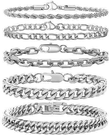 Armband Herren Silber Edelstahl 5 Stücke - Herrenarmbänder Panzerkette Figaro Gliederarmband Herren Armband Set für Jungs Männer Geschenk für Papa Sohn Bruder Ehemann 19/21/23 cm