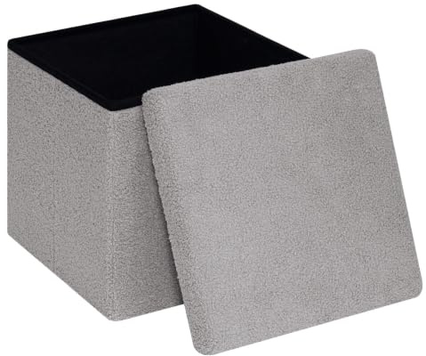 PINPLUS Faltbarer Bouclé Sitzhocker mit Stauraum, Würfel 38 cm, Grau | gepolsterter Hocker mit Deckel, Fußhocker & Aufbewahrungsbox, platzsparend, für Wohnzimmer, Schlafzimmer, Flur
