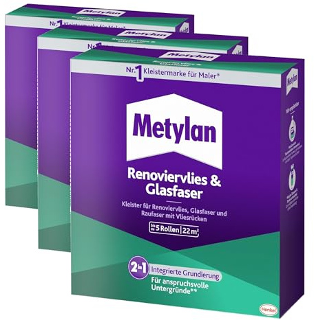 Metylan Renoviervlies & Glasfaser, Tapetenkleister & Grundierung für Renoviervlies, Glasfaser- & Raufasertapete mit Vliesrücken, Kleister für Feuchträume, 1x500g (Packung mit 3)