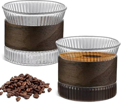 Uppsättning av 2 espressomuggar i glas – 150 ml cappuccino-koppar med valnöt, trämuggshylsa, espressokoppar, set med cappuccino-glas, mokka, koppset för kaffeälskare