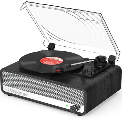 Udreamer Record Player with Speaker Bluetooth Turntable Vintage Vinyl Player Support USB AUX-in Headphone RCA Line-Out 3 Speed Belt-Driven Auto-Stop Mirror Design Black