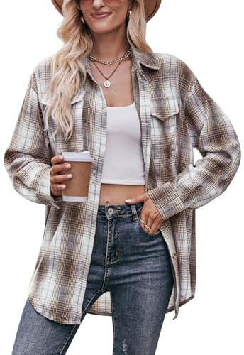 IYICLOTH Women's Plaid Flannel Button Down Shirt Loose Fit Long Sleeve Collared Shacket Casual Work Blouse for Fall and Winter Coffee