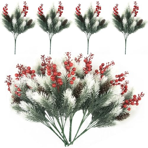 8 ramas de pino artificiales, guirnalda de Navidad, púas de pino artificial, ramas de pinos falsos, ramas de bayas rojas, tallos de hojas verdes, plantas falsas para árbol de Navidad, coronas florales