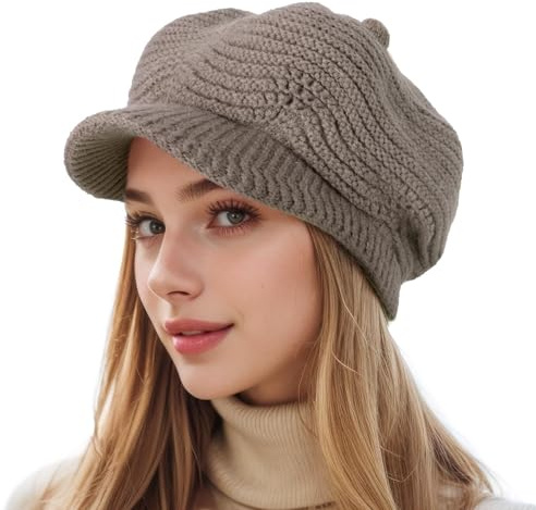 HeyCaps Winter Hat for Women - Warm Knitted Visor Beanie Ladies Fleece Lined Thermal Wooly Peaked Beret Hat Khaki