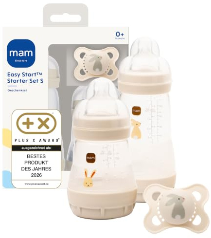 MAM Easy Start Anti-Colic Starter Set S | 0+ Mon | Baby Erstausstattung | 94% Akzeptanz & 96% Hebammen-Empfehlung | weniger Koliken | 2 Babyflaschen inkl. Sauger Gr. 1 und Original Schnuller | beige